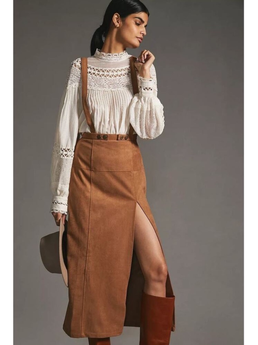 Anthropologie Faux Suede Pinafore Midi Skirt in Brown Cedar Size 8